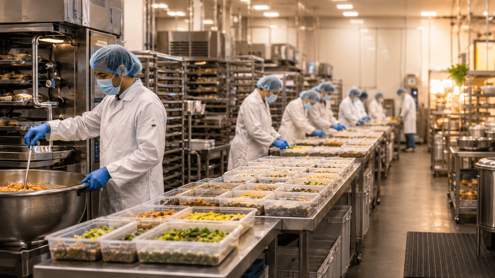 production team preparing and portioning meals in a warm, professional central production kitchen, with stainless steel workstations, prepared food trays and organised large-scale food production in progress.