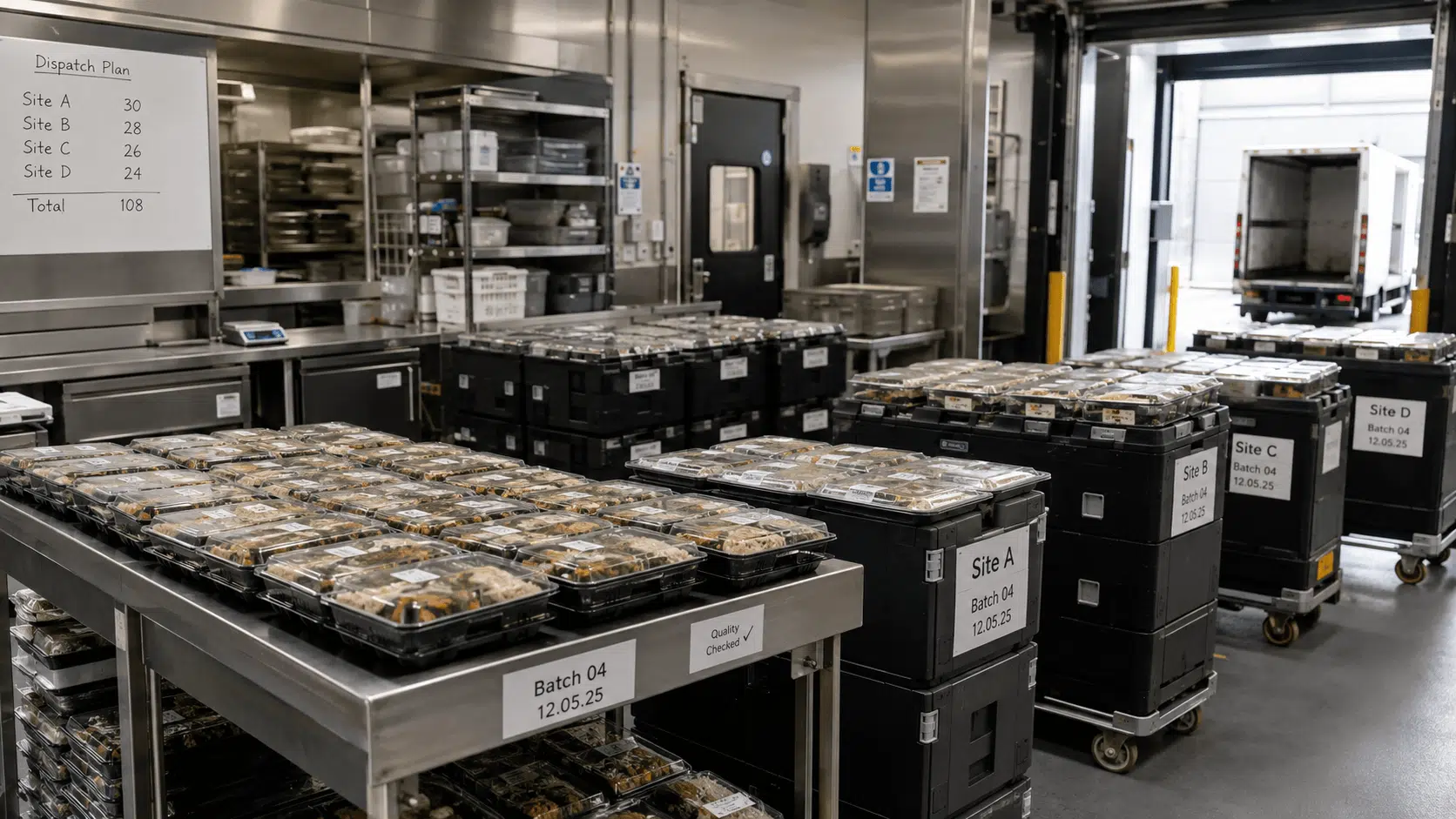 consistency at scale central prep in a commercial kitchen, with identical cases of food ready for dispatch