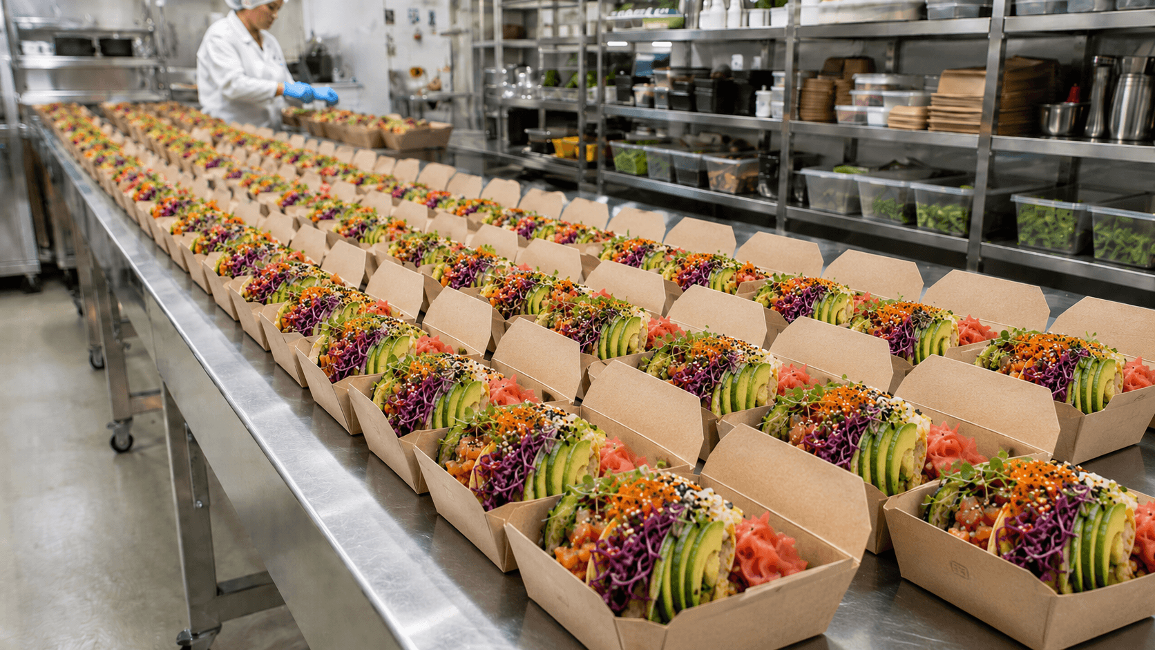 scaled food production line in a commercial kitchen showing uniformity of products