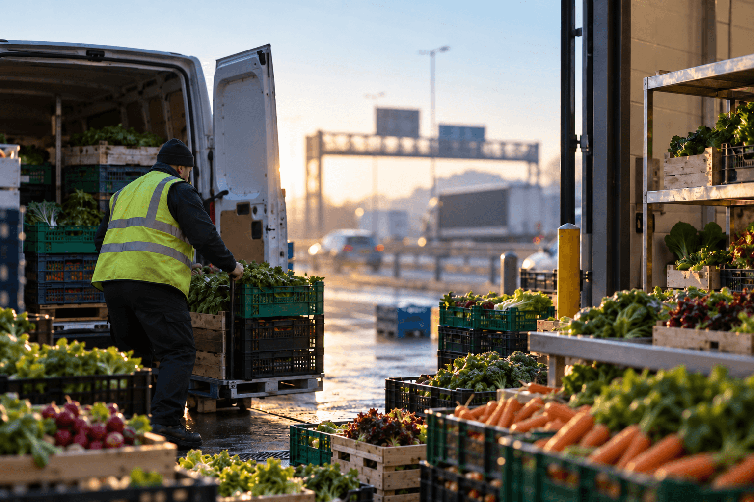 A shot of fresh produce crates being unloaded from a van into a commercial kitchen, transport infrastructure visible in the background