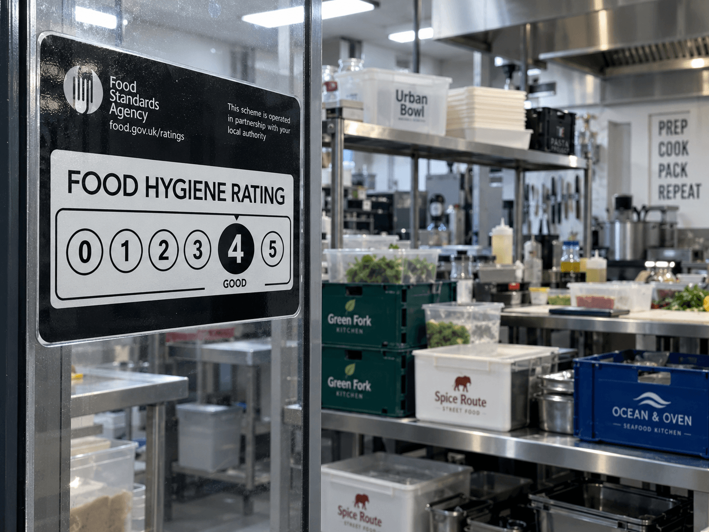 food hygiene rating sticker in a shared kitchen with shared equipment and delivery boxes ready to go